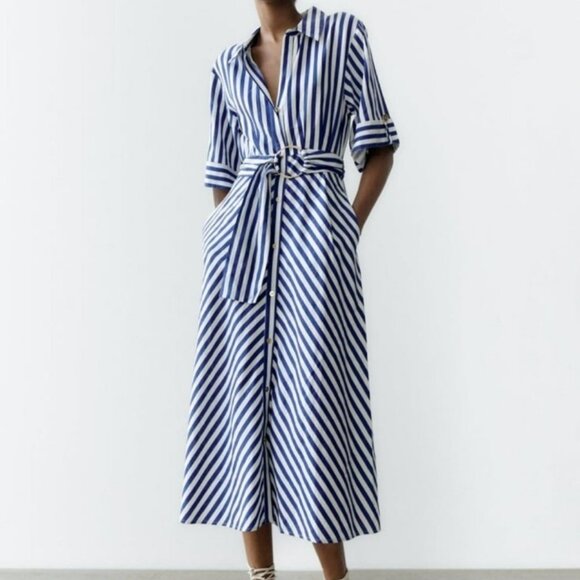 Zara Navy Blue Striped Linen Blend Belted Midi Shirt Dress Size Large - Picture 1 of 11
